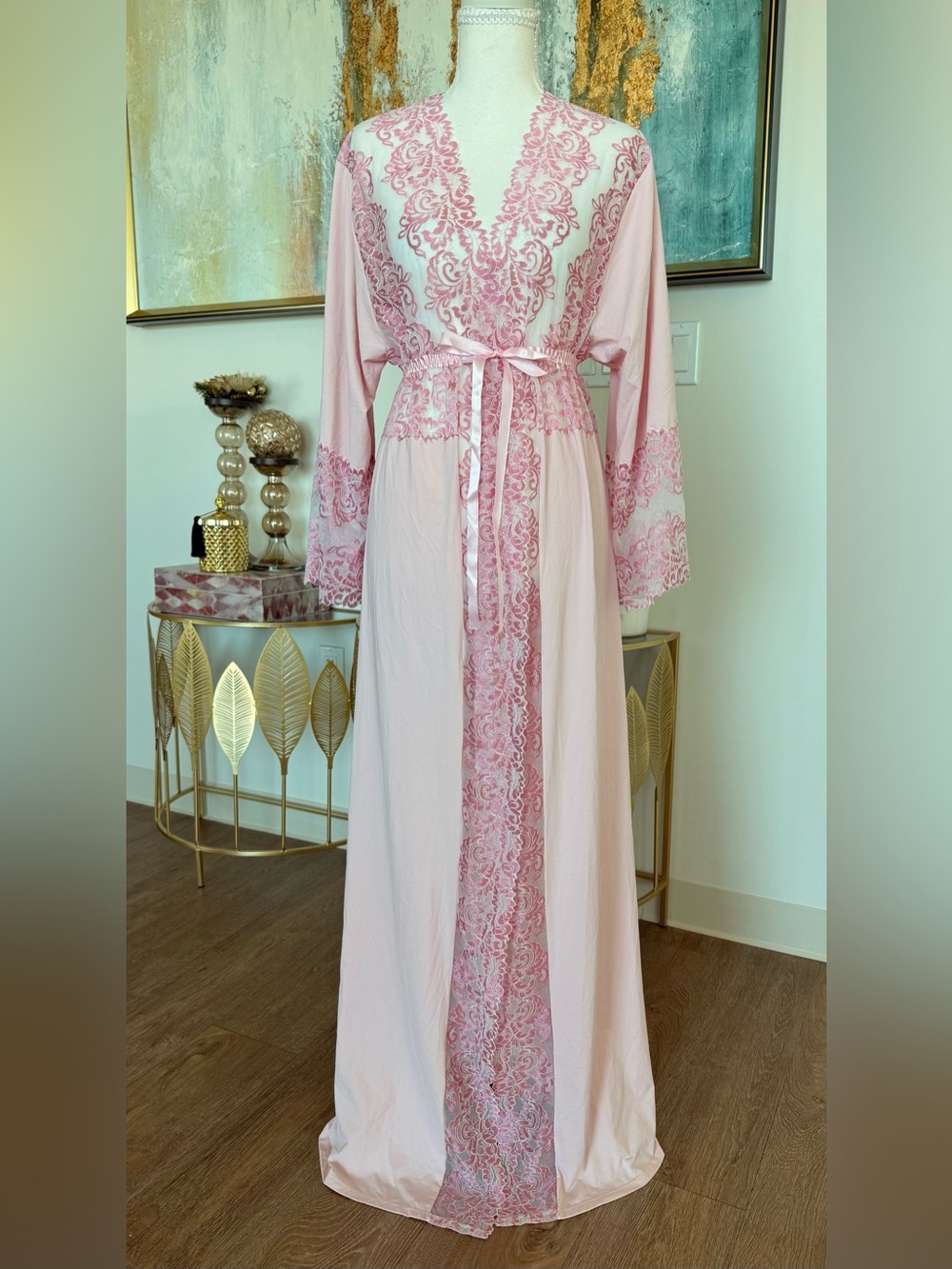 Elegant Pink Lace Trim Long Robe - Soft Pink